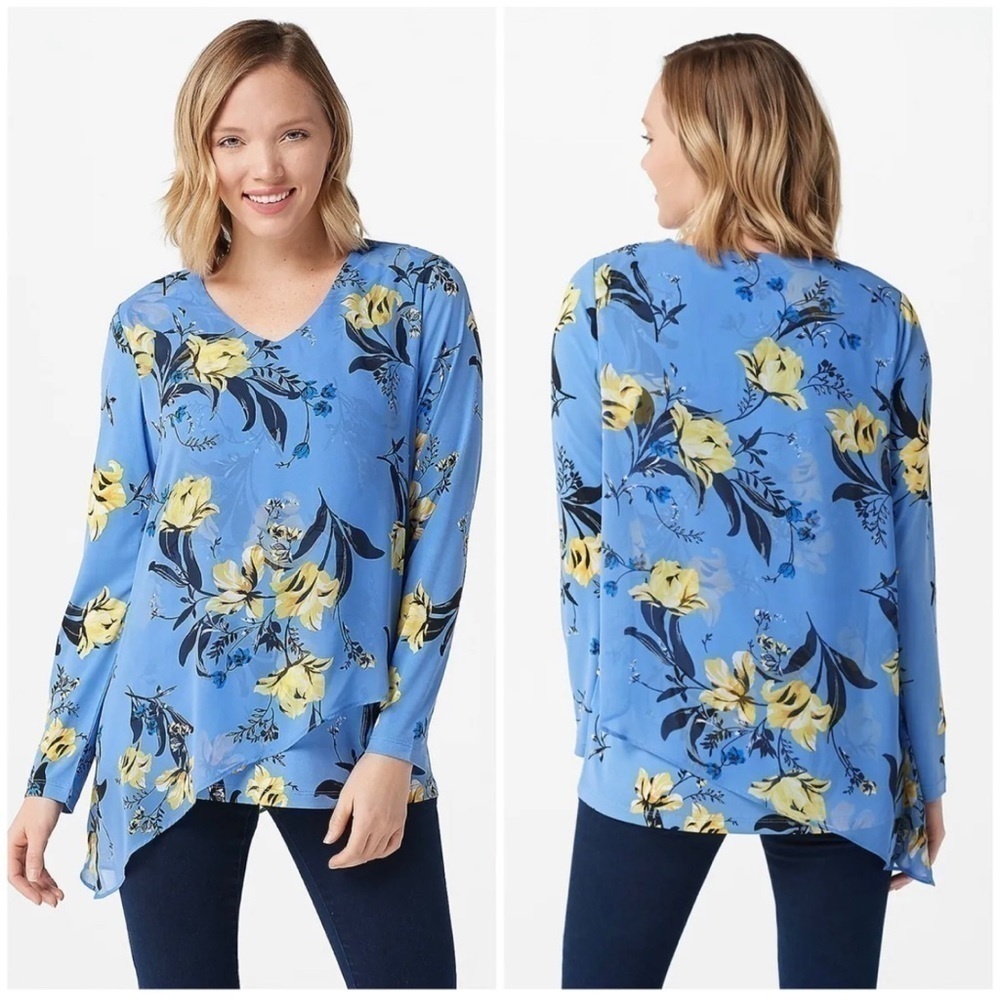 Susan Graver Womens Sz XL Blue Yellow Floral Print Layered Knit Tunic Top Blouse